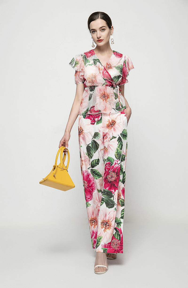 Women's Two Piece Pants Sets Turn Down Collar Short Sleeves Ruffles Blouse Tops with Floral Long Pant Fashion Runway Twinsets