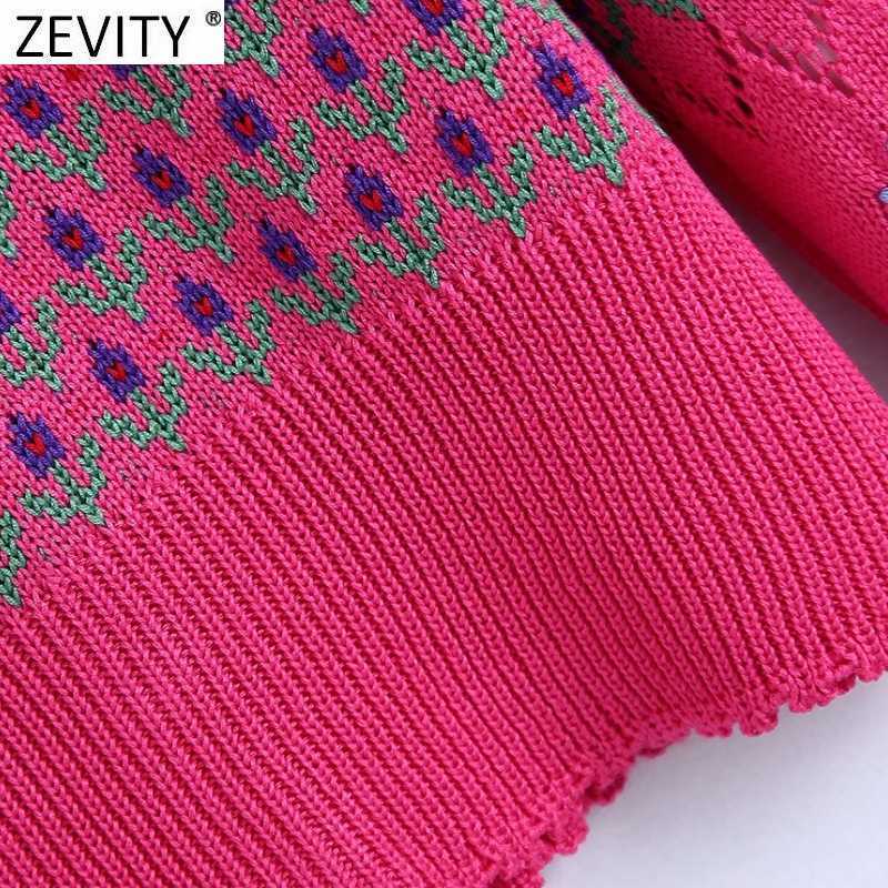 Zevity Women Fashion V Neck Floral Embroidery Hollow Out Crochet Knitted Sweater Female Chic Long Sleeve Cardigan Tops SW832 210603