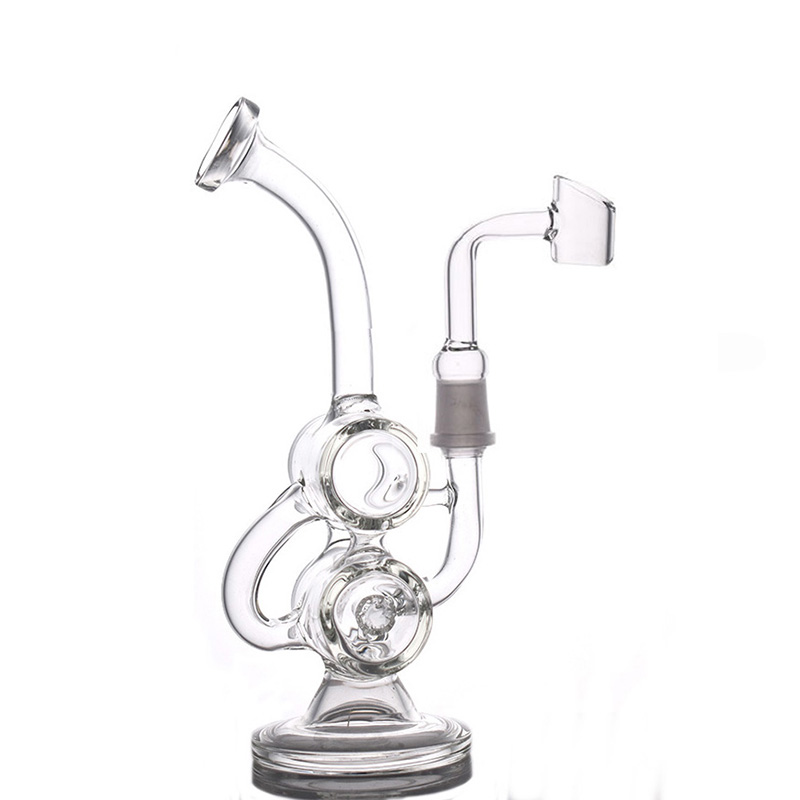 1pcs 8inch Dab Rig Recycler Vapor Smoking Water Pipe Double Barrel Percolator 14mm joint Glass Beaker Bong with Banger Nail In Stock