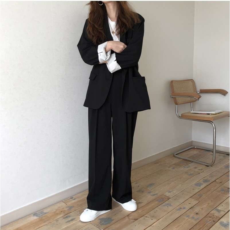 Korea Chic Spring Two-Piece Set Office Ladies Casual Blazers+High Waist Straight Long Trousers Women Fashion Pant Suits 210519