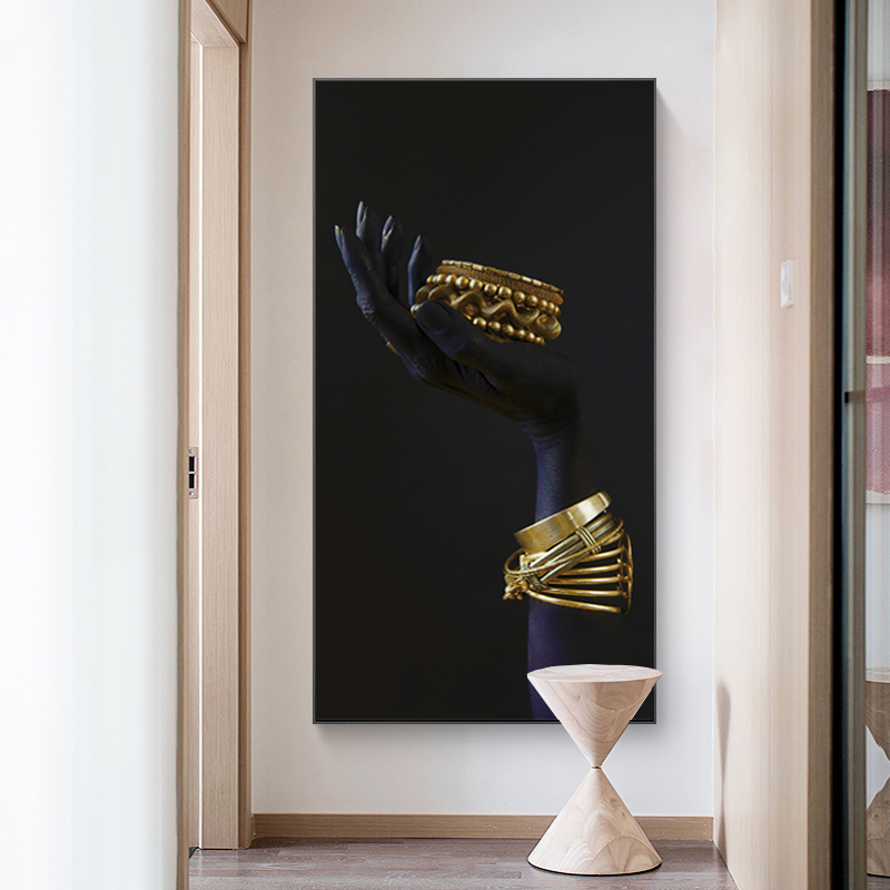 Black and Gold African Woman's Hand Canvas Poster Modern Wall Art Picture Silver Jewelry Oil Painting For Living Room Decoration