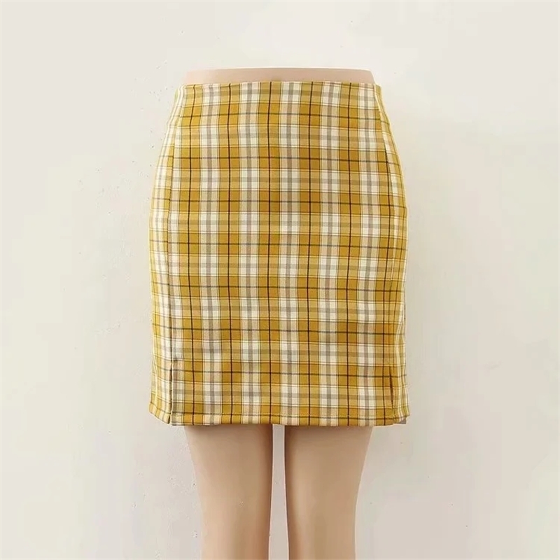 vintage tartan print slit mini skirts womens plaid ladies high waist bodycon sexy purple pencil faldas mujer 210521