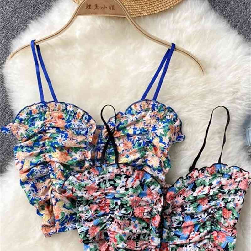 DEAT Women Ruffles Printing Sling Camis Arrivals Sexy Backelss Temperament Fashion Spring Summer 11D1556 210709