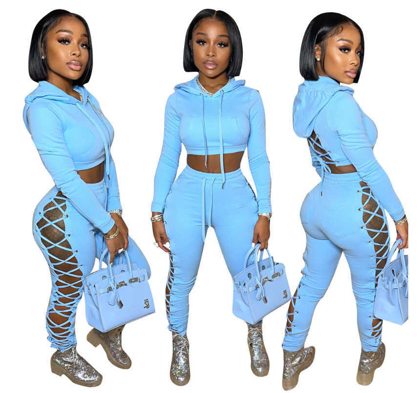 Women's Two Piece Pants Designers Women Clothes 2023 autumn and winter women's fashion corns bandage solid color pants two-piece set