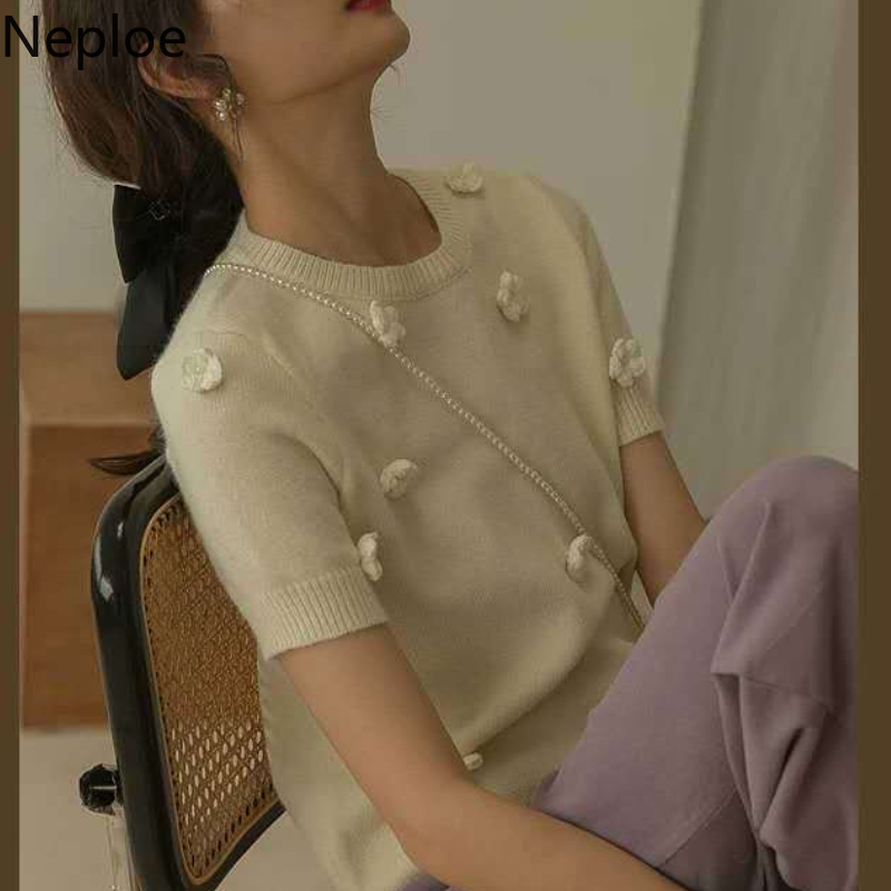 Neploe Knitted Pullover Shirts Women 3D Flower Solid Color Short Sleeve Sweater Korean Vintage Slim O Neck Jumper Tops 4i508 210422