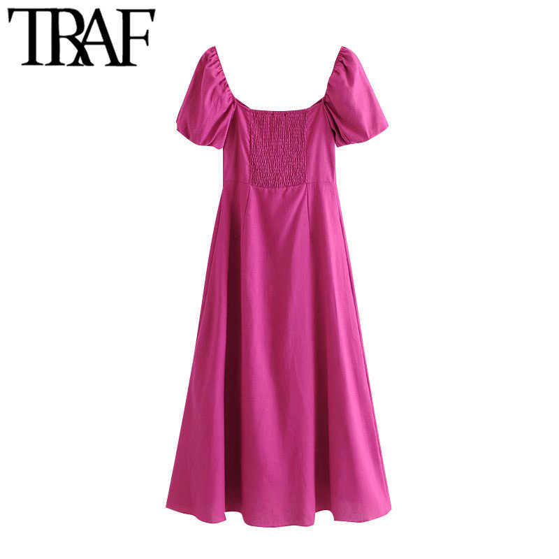 TRAF Women Chic Fashion With Buttons Linen Midi Dress Vintage V Neck Puff Sleeve Back Elastic Female Dresses Vestidos 210630