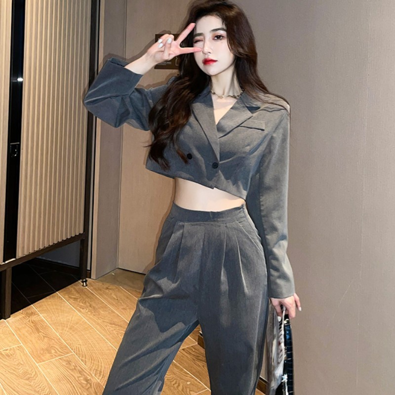 Spring Women Two Piece Set Fashion Notched Collar Long Sleeve Sexy Short Coat + High Waist Office OL Pants Suits 210519