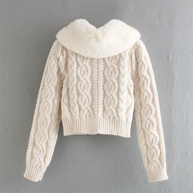 2021 Autumn new womens faux fur collar coarse wool knitted short sweater coat casacos plus size SML