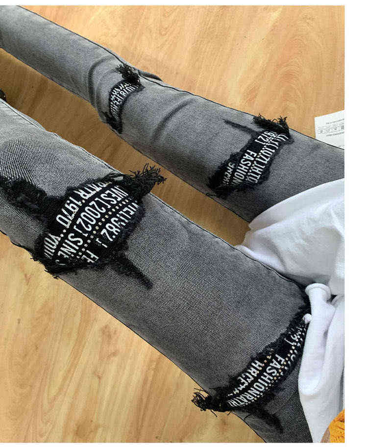 Spring Autumn Plus Size Hole Sequined Jeans Women Streetwear High Elastic Stretch Skinny Pencil Pants Female Denim Trousers 211111