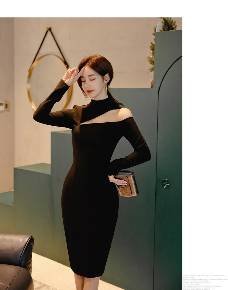 korean style women slim OL dress Spring Sexy Black Long sleeve one shoulder bodycon pencil party dress 210518