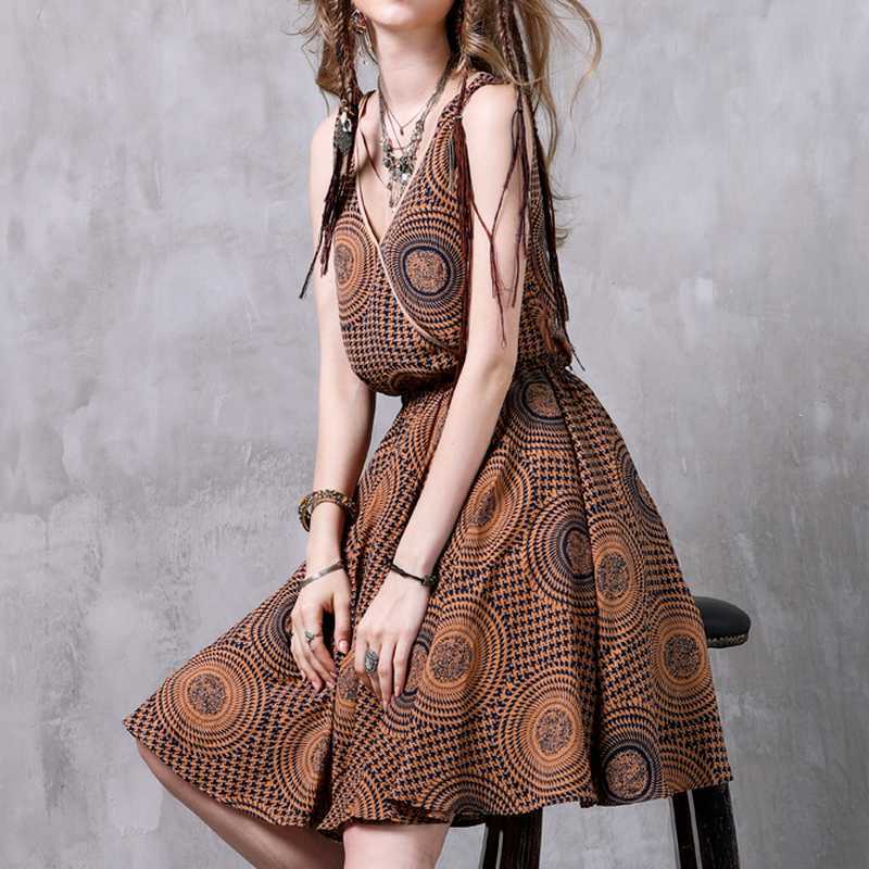 Summer Chic Print Chiffon Big Swing Dresses for Women Vintage V-neck Fashion Vest Elegant Office Lady Vestidos 210525