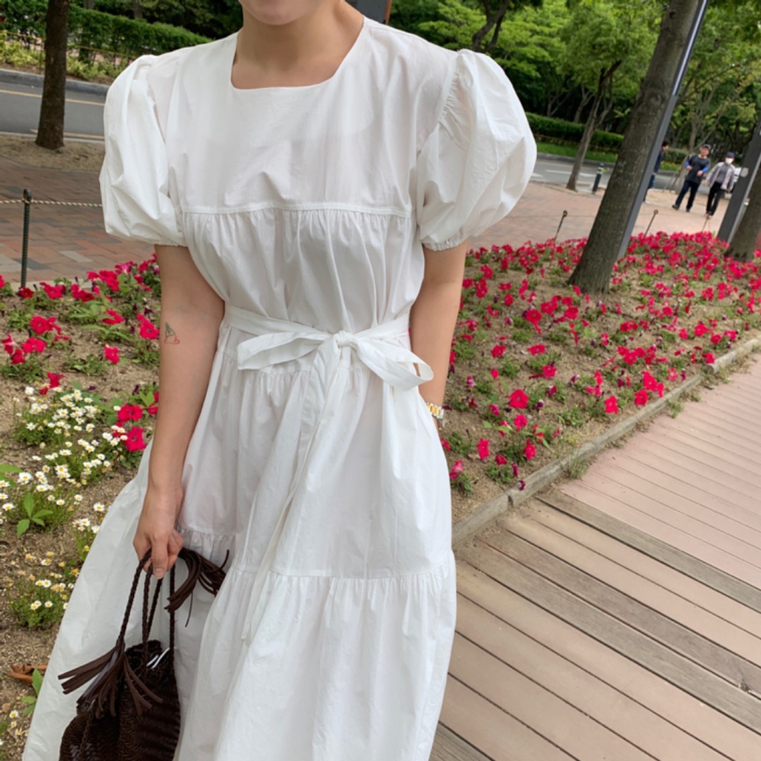 Nomikuma Elegant Square Collar Puff Sleeve Dresses Bow Bandage Slim Waist Korean Vestidos Causal Chic Solid Woman Dress 6H018 210427