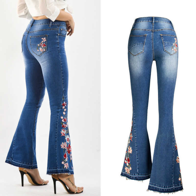LOGAMI Embroidery Jeans Woman Skinny Flare Pants Denim Ladies Casual 210922