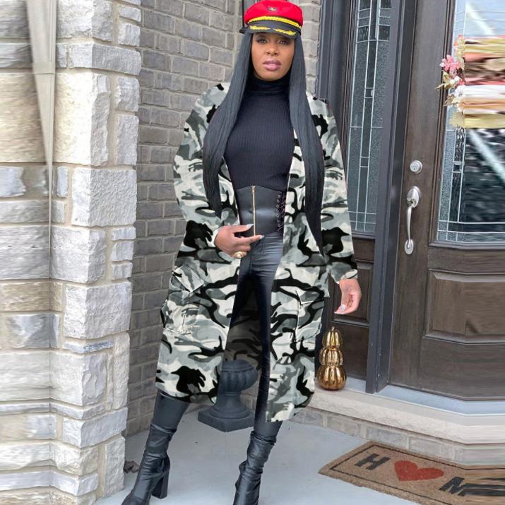 Women's Trench Coats Autumn 2022 Coat Camo Long Female Armygreen Print Outwear Clothing Woman Sleeve Abrigo Mujer B5