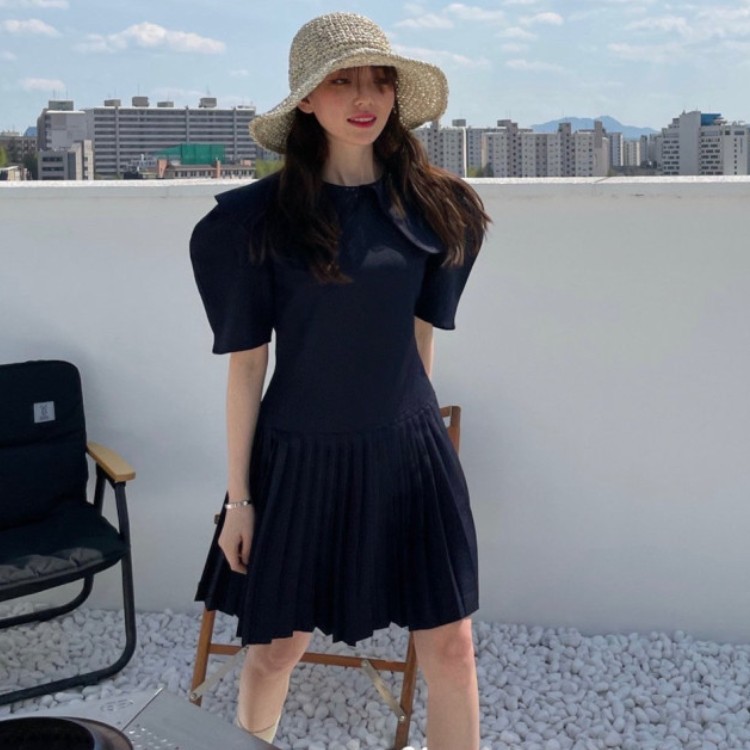 Women Casual Dress Summer Korean Chic Ladies Sweet Doll Collar High Waist Puff Sleeve Stitching Pleated Mini Dress Vestidos 210518