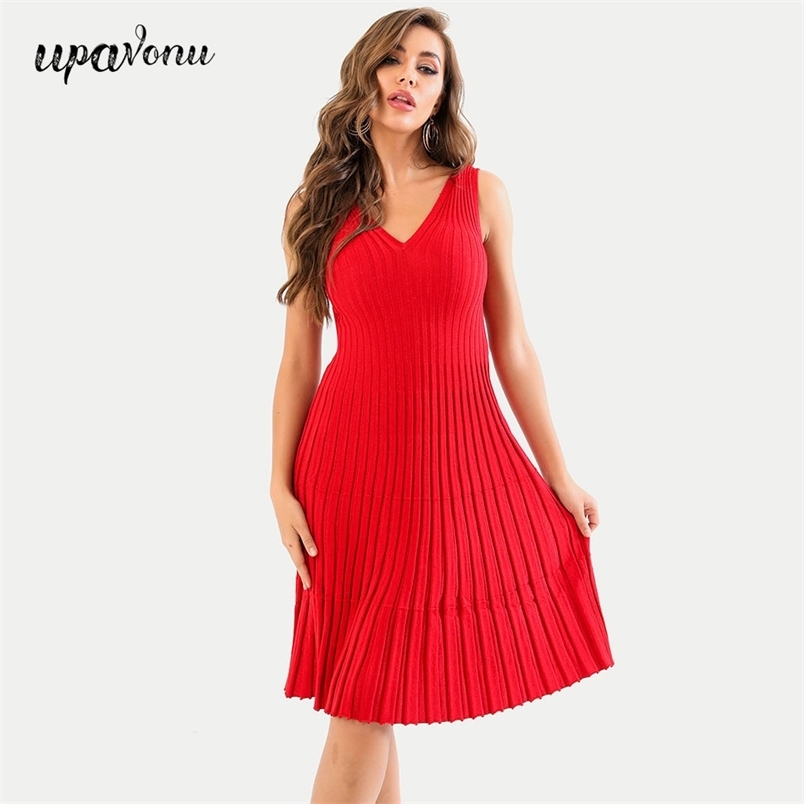 Free Autumn Women's Elegant Knit Dress Red Sexy V-neck Sleeveless A-line Dresses Celebrity Christmas Party 210524
