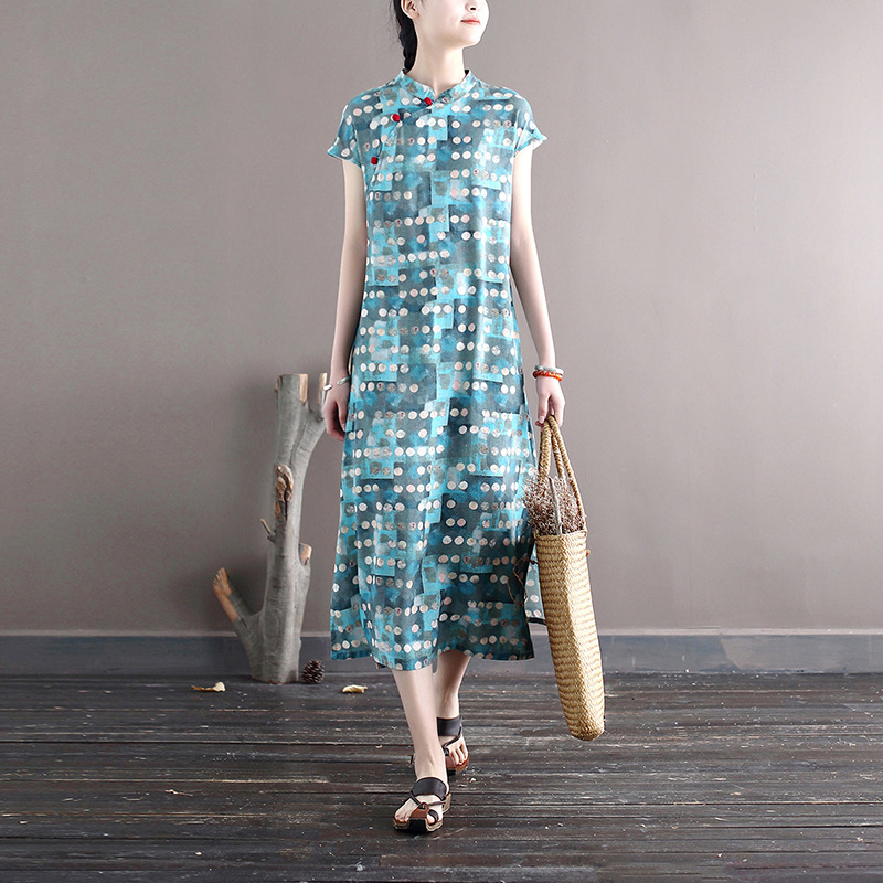 Johnature Women Polka Dot Cotton Linen Dress Stand Short Sleeve Button Vintage Cheongsam Summer A-line Female Dress 210521, Blue
Johnature Women Polka Dot Cotton Linen Dress Stand Short Sleeve Button Vintage Cheongsam Summer A-line Female Dress 210521, Blue