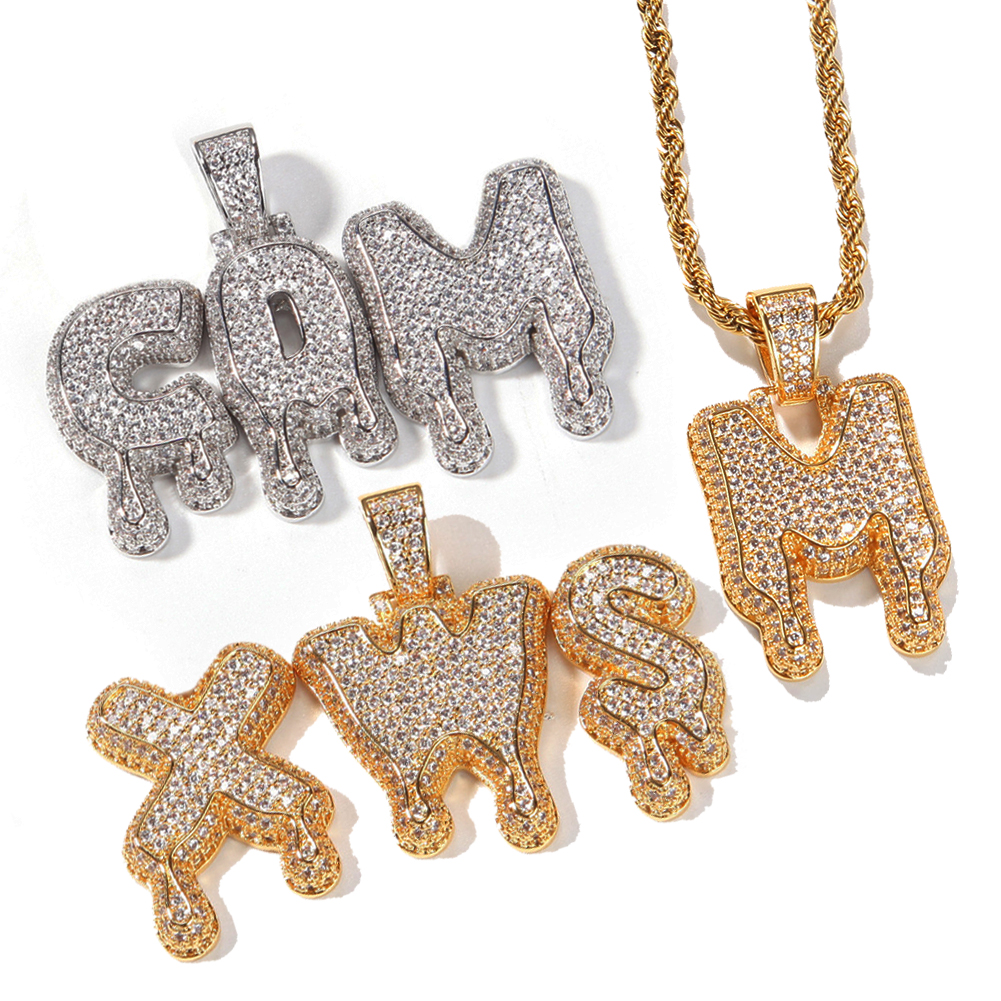 Custom Iced Out Initial Drop Letter Name Pendant Necklace Bling CZ Stone Cubic Zirconia Cursive Charms Jewelry Valentine Christmas Birthday Gift for M