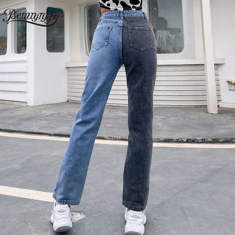 Fashion High Waist Ripped Two Tone Mom Jeans Women Korean Casual Streetwear Straight Leg Denim Pants 210510