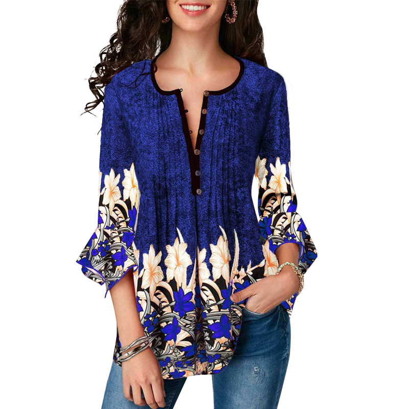 New Summer Print Blouse Women Cloting O-neck 3/4 Sleeve Shirts Ladies Casual Loose Plus Size Tops For Women 210317