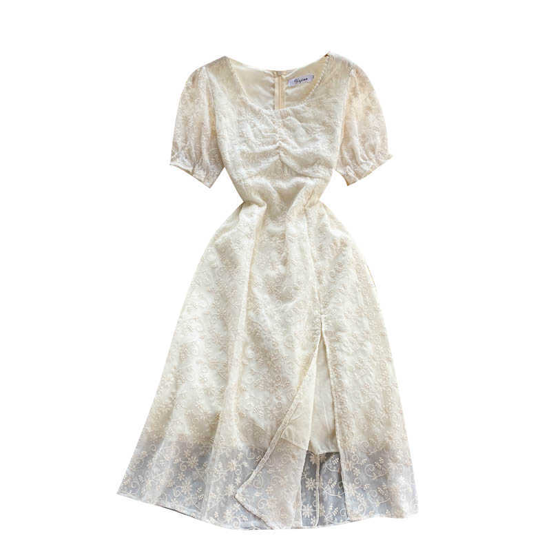 DEAT Women Split Slim Beaded Dress Round Neck Short Sleeve Arrivals Lady Temperament Fashion Spring Summer 11D597 210709