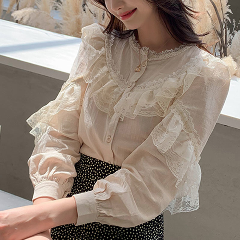 Womens tops and blouses ladies chiffon blouse button Solid Stand lace for women shirts blusas femininas 8049 50 210427