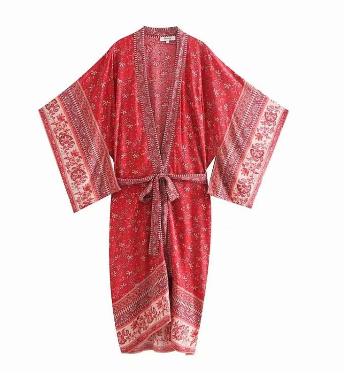 Blouses women's European and American loose all-match ethnic print tie waist kimono dress