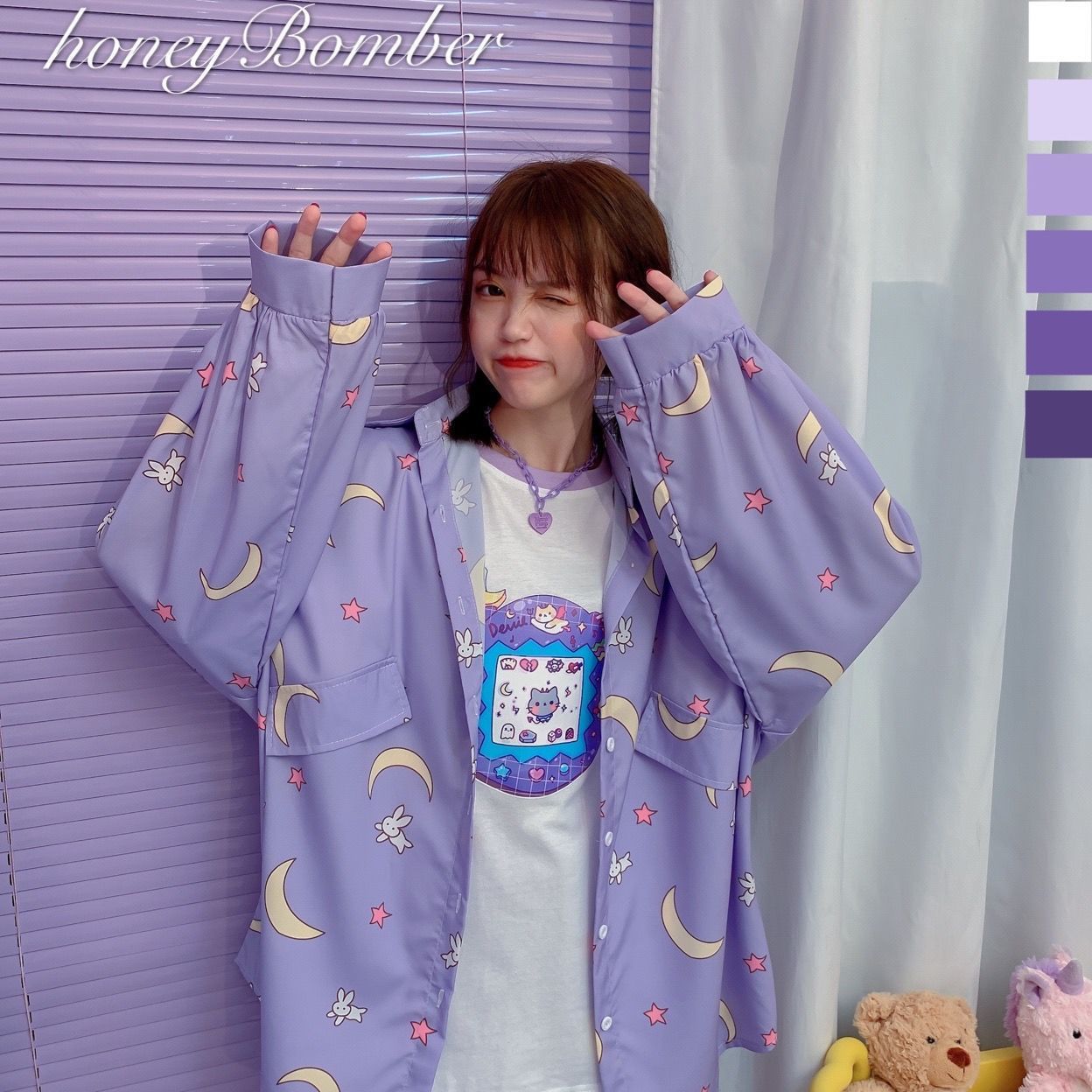 Moon Rabbit Printed Japanese Kawaii Blouse Women Casual Loose Female Purple Shirt Fashion Streetwear Blusas 210519