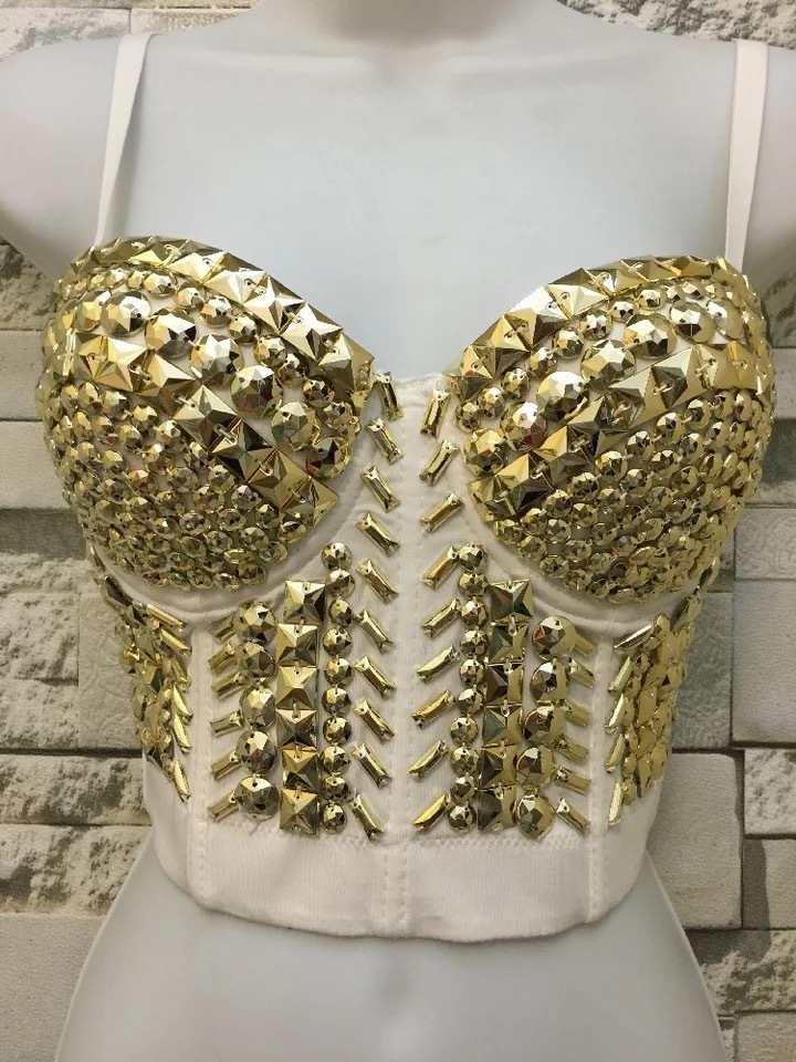 Sexy Sequined Top Rave Festival Glitter Bustier Golden Tank Party Night Club Handmade Vest Beading Bra 210421