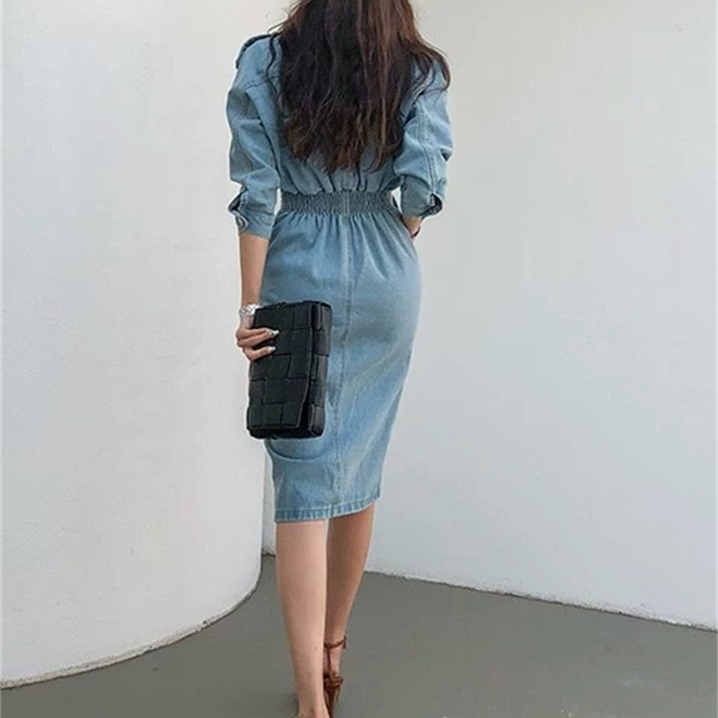 Women Denim Dress Autumn Casual Vintage High Elastic Waist Sexy Split Streetwear Long Vestidos 210520