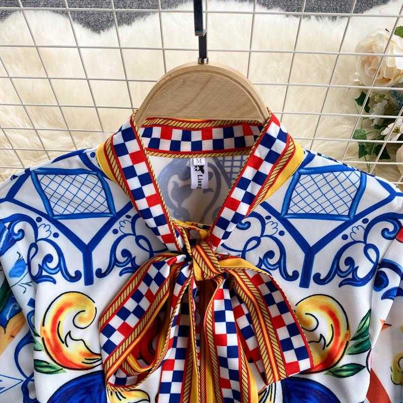 Print Runway Fashion Elegant Vintage Pant Suit Ruffle Blouse Shirt Top And Long Pants Two Piece Set Women Sets Women's