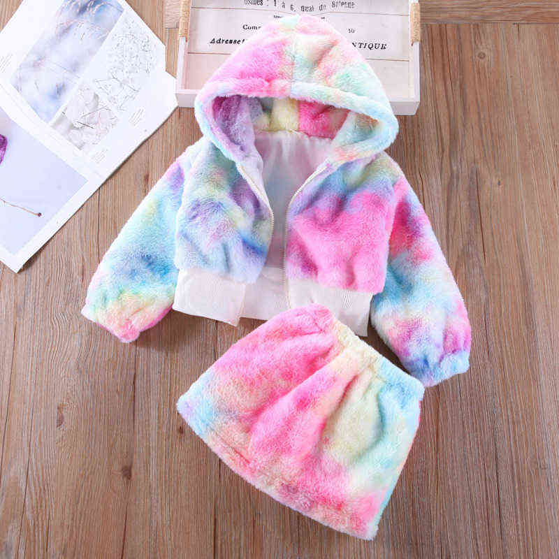 Girls' Faux Fur Jacket Two 2 Piece Cute Girl 3t Girls Clothes For Outfits Skirt Tie Tye Dye Set Boutique Kids Winter Clothing Y220310