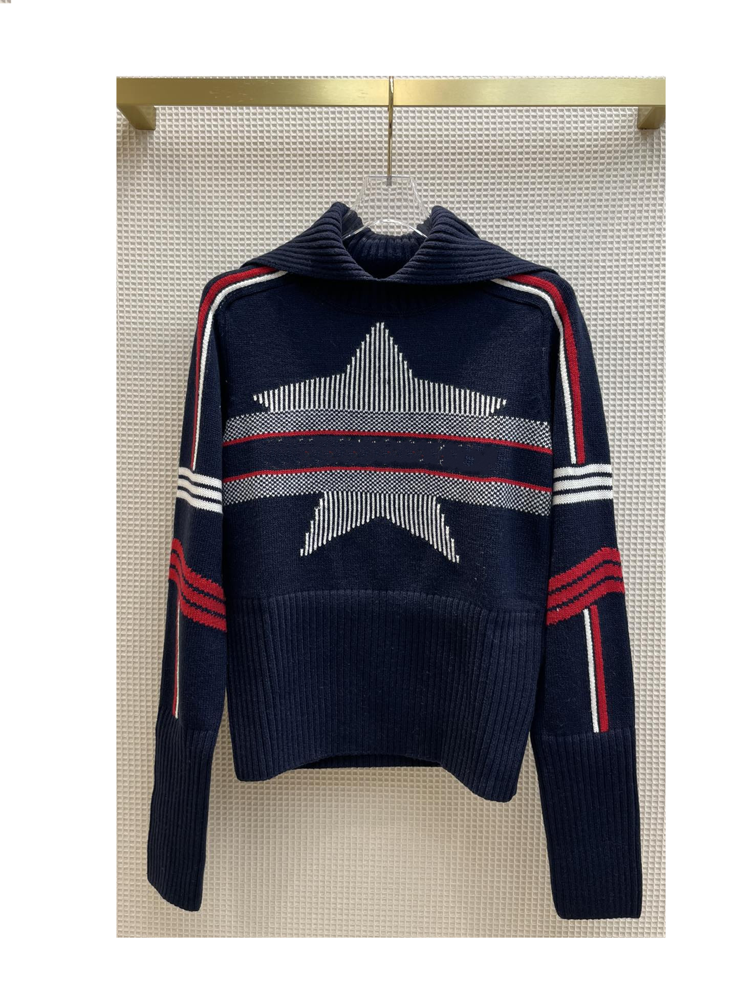 Milan Runway Sweater 2021 Autumn Winter Long Sleeves Lapel Neck Print Women' Sweaters High End Jacquard Pullover Designer Sweater 0912-15, Blue 
Milan Runway Sweater 2021 Autumn Winter Long Sleeves Lapel Neck Print Women' Sweaters High End Jacquard Pullover Designer Sweater 0912-15, Blue