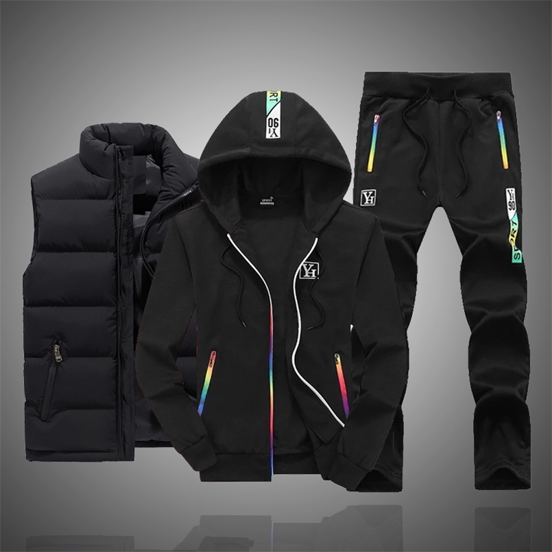 Wholesale Sweatsuits Winter Men Sets 3 Pieces Set Vest Hoodie Sweatpant Warm Casual Mens Tracksuits Clothes 211222