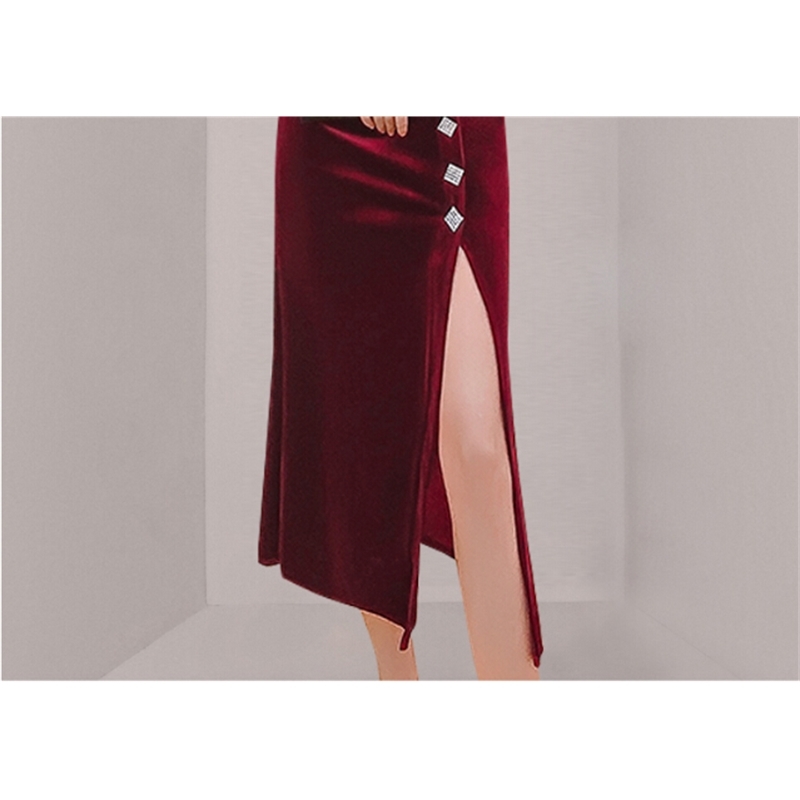 Autumn Red Velvet Party Dress Women Sexy Split V-Neck Long Sleeve High Waist Vestidos Female Fashion Clothes 210520