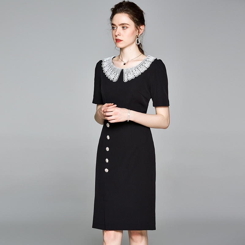 Summer Elegant Black Office Chic Dress Women Short Sleeve Pearl Diamond Single Breasted Package Hip Dresses Vestidos 210520
