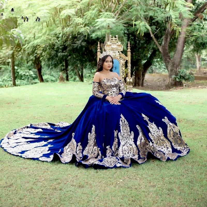 Princess Velvet Blue Quinceanera Dresses 2022 Lace Applique Sweet 16 Dress Long Sleeves vestidos de 15 Ball Gown Prom Gowns