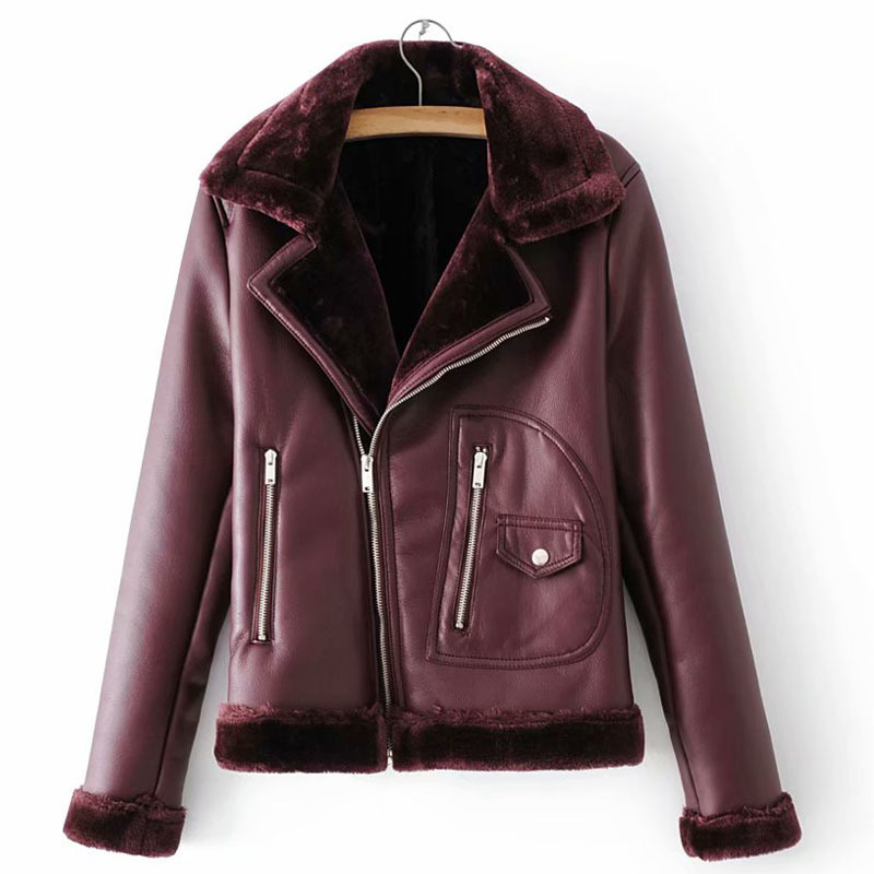 PU Warm Fur Long Sleeve Lapel Thickening Motorcycle Women's Jacket Winter Belt Chic Zipper Black Female Coat Green Tops 210507