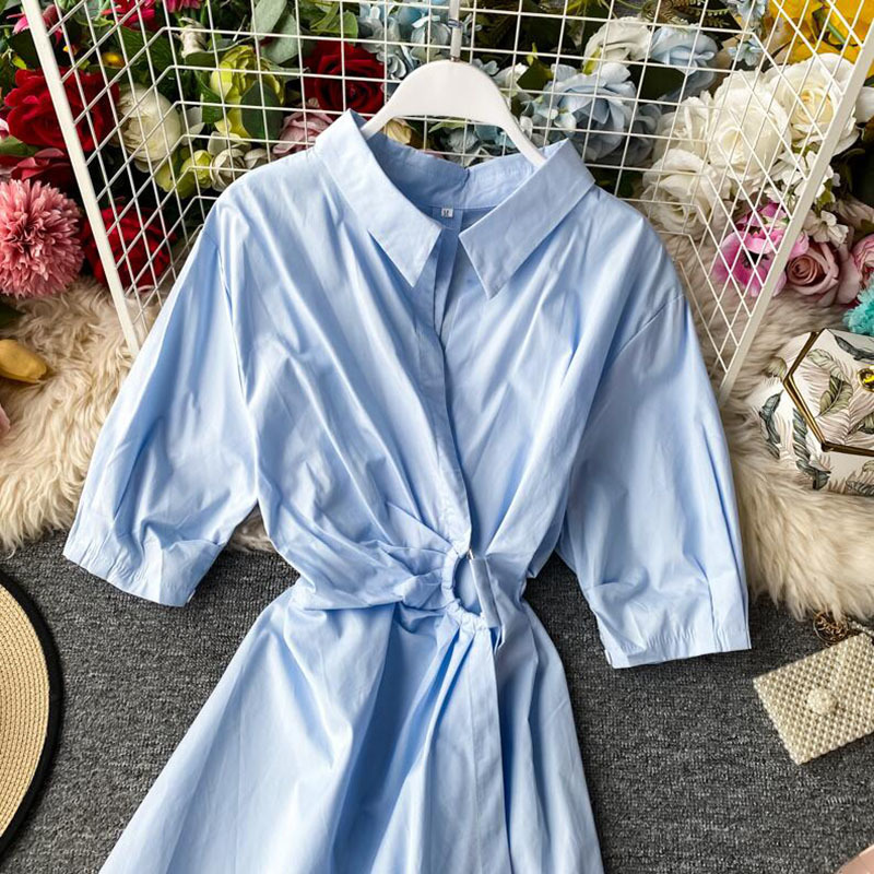 Summer Women Shirt Dress Korean Solid Short sleeve Slim irregular A-line Party Dress Elegant Knee-length dresses 210521