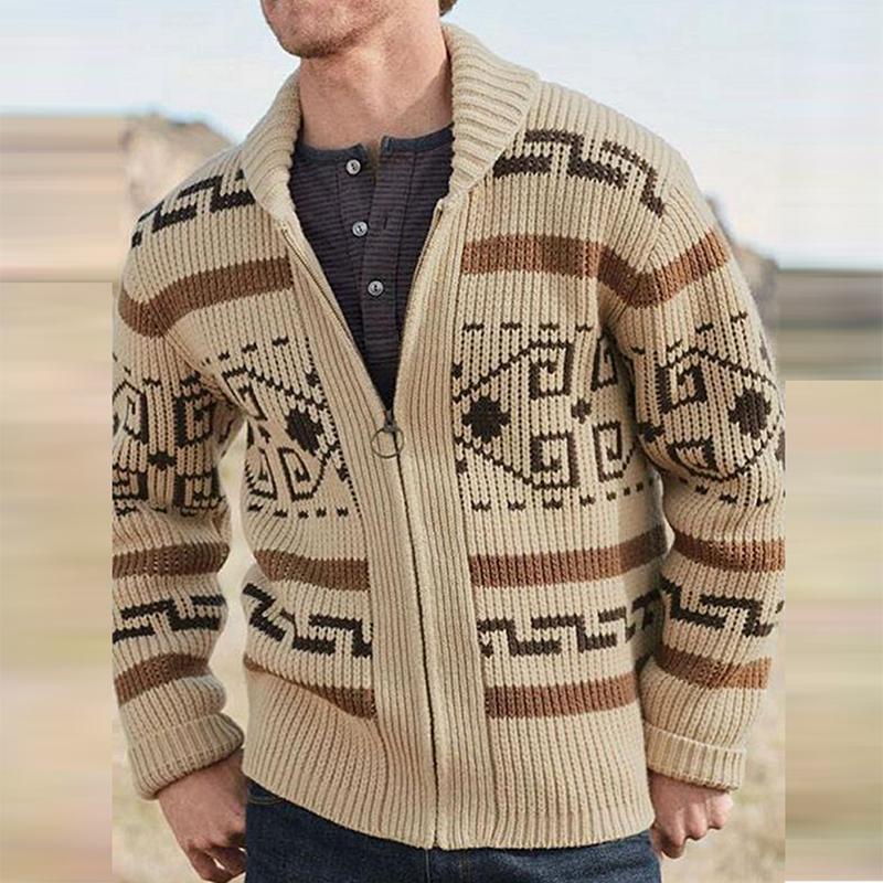 Men's Vintage Pattern Knitted Zipper Cardigan Sweater Casual Long Sleeve Autumn Winter Warm Coat B3