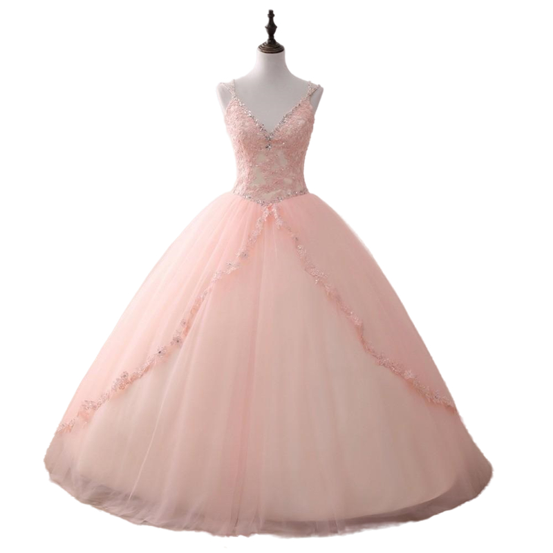 Princess Crystals Beaded Quinceanera Dresses Blush Pink Ball Gowns Lace Appliques Straps V-Neck Prom Dresses Floor Length Tulle Sweet 16 Dress vestido