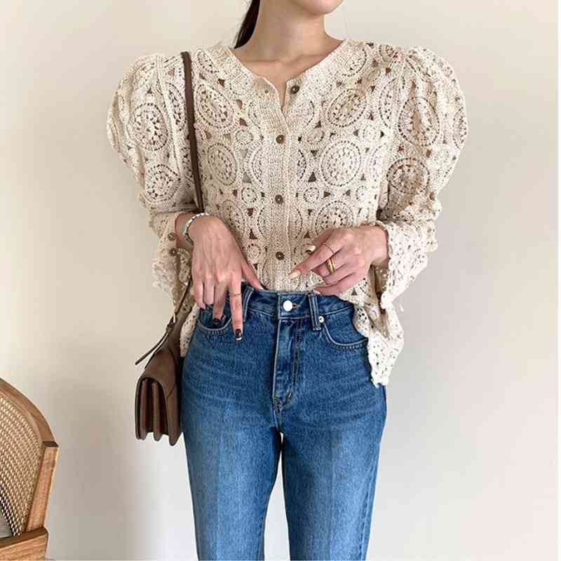 Korea Style Hollow Out Hook Flower Knitted Cardigan Summer Elegant Puff Sleeve Casual Women's Chic Top Femme 210519