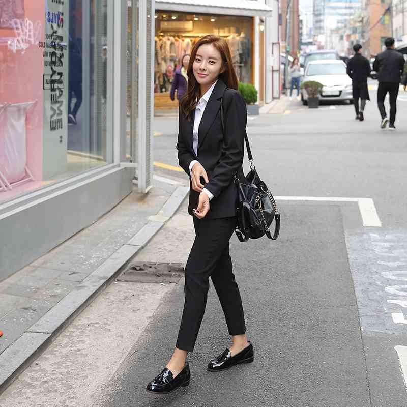 Korean Casual Women Pant Suit Sets Single Buttons Blazer Jacket + Pencil Pants Fashion Office Business 2 Piece Suits 210518