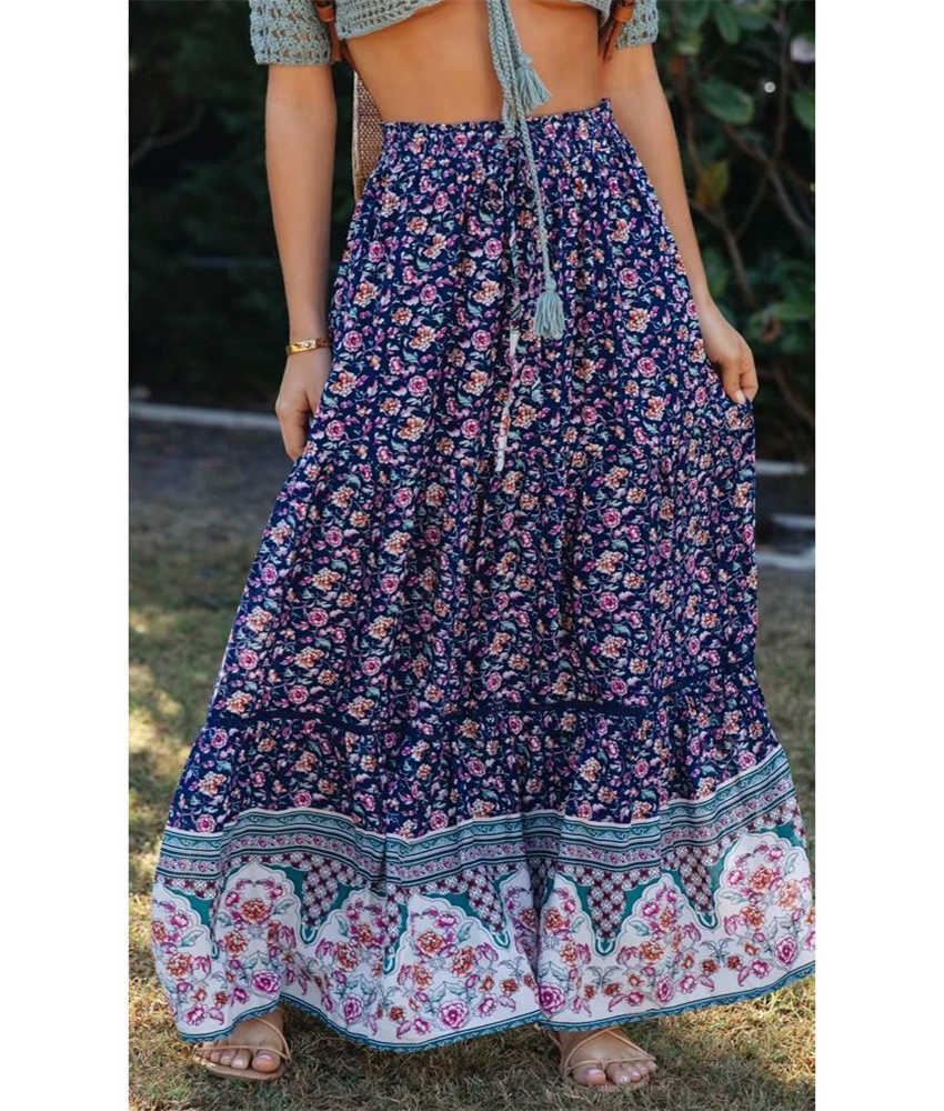 DAILOU Vintage Chic Long Skirts Women Floral Print Beach Bohemian Skirt Summer High Elastic Waist Rayon Cotton Boho Maxi 210619