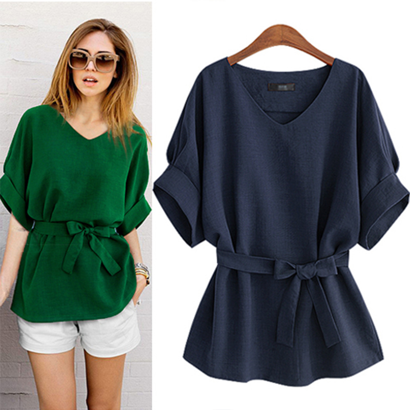 Women Spring Summer Style Blouses Shirt Lady Casual Short Sleeve V-Neck Solid With Leather Belt Women's Loose Tops DF3528 210317