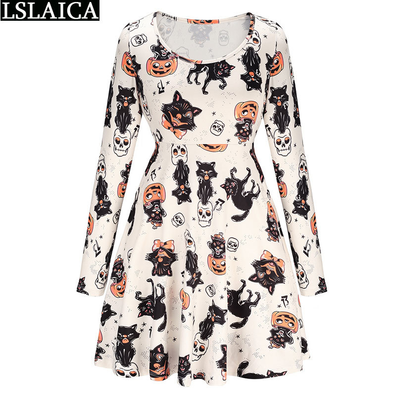 fashion spring women dress long sleeve O-neck cartoon print sexy high waist slim casual party wild office 210515