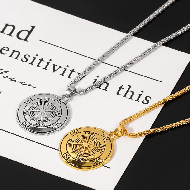 Pendant Necklaces Antique Gold Silver Color Compass Necklace Men Hip-Hop Rock Street Culture Chain Punk Fashion Jewlery Gift