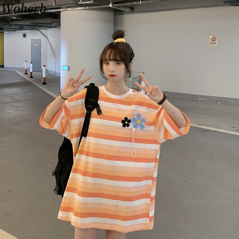 Korean Vintage Rainbow Striped Woman T-shirts Floral Patch Summer All Match O-neck Kawaii Cute Fashion Ropa Mujer 210519