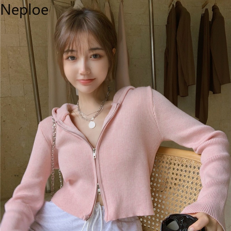 Neploe Cropped Hooded Sweater Women Double Zipper Cardigan Coat Sweet Fashion Knitted Tops Wild Long Sleeve Sueter Mujer 4l184 210422