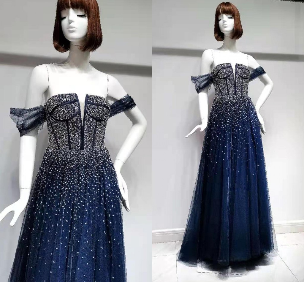 

Luxury Dark Blue Off the Shoulder Evening Dresses New Arrivals Beaded Beading Prom Formal Gown Pleat Arabic Dubai Vestidos De Fiesta robe de soiree 2022, Champagne